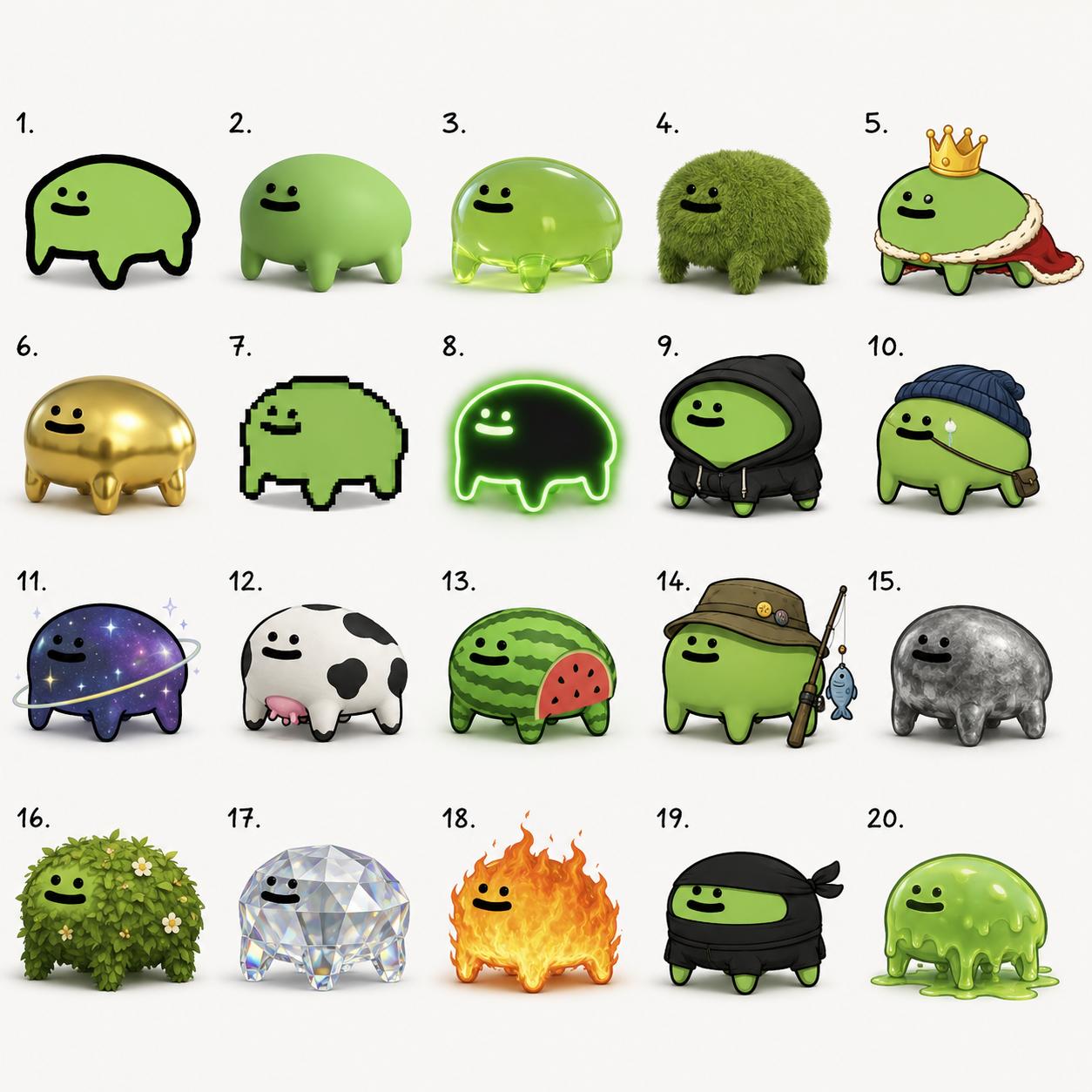 Grid of twenty Freg variants: doodle, 3D, jelly, mossy, king, golden, pixel, neon, hoodie, beanie, galaxy, cow, watermelon, fisherman, stone, bush, diamond, fire, ninja and slime Freg